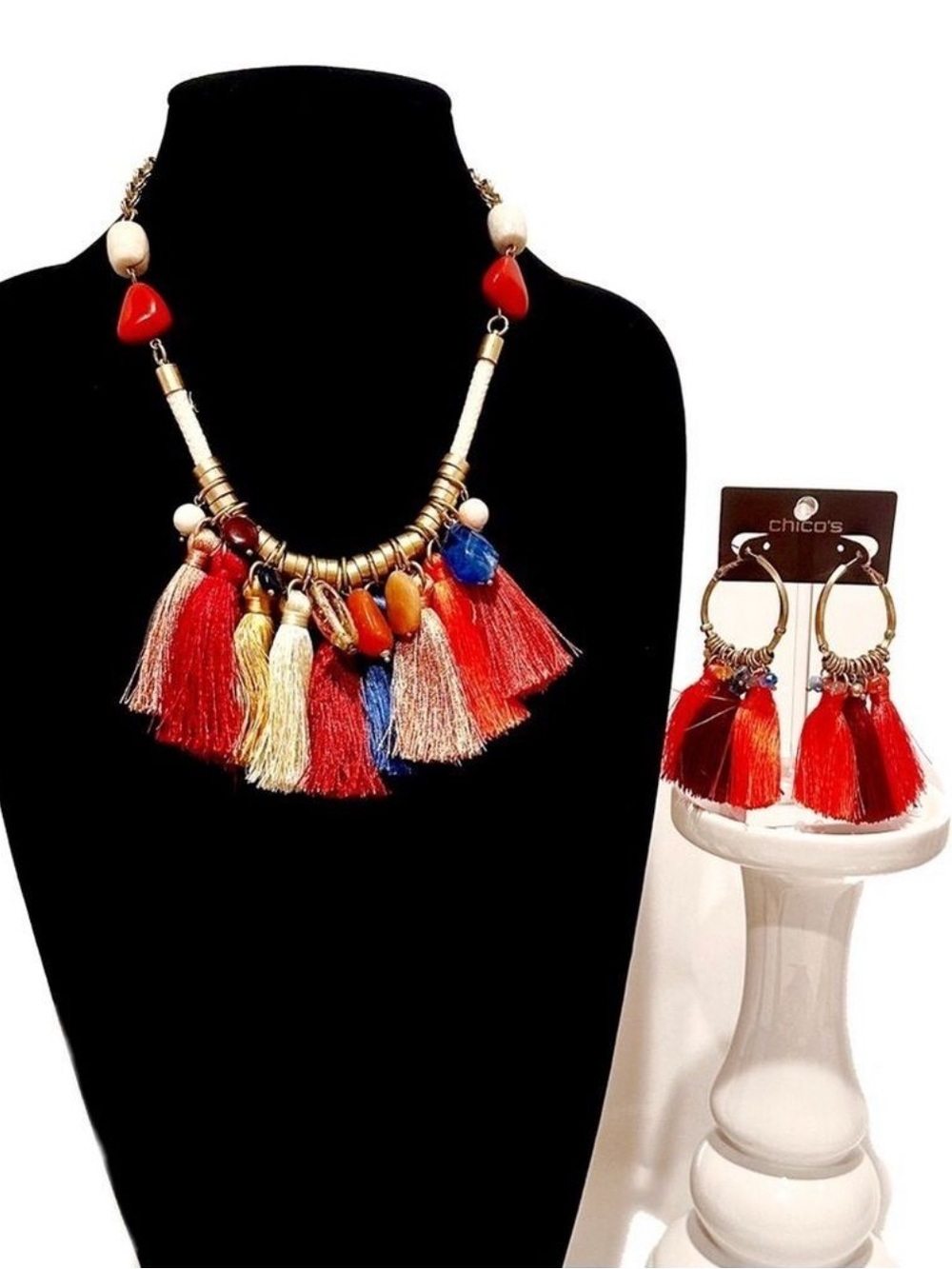 CHICO’s Colorful Austyn Gold & Stone Tassel Necklace & Earrings SET |  NWT​ $115